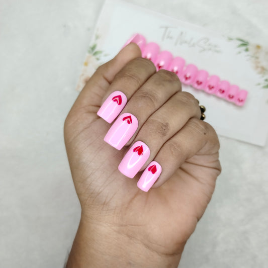 The NailzStation Glossy Light Pink Hearts Press on Fake Artificial Nails Set with glue, filer, sticker application kit // 1534