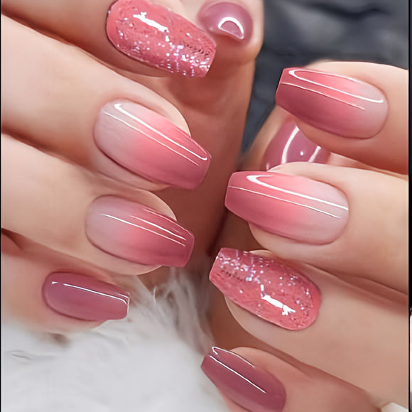 Glossy Nude Glitter Ombre Artificial Press on Fake Nails Set in Coffin- RTS (Pack of 24 nails)