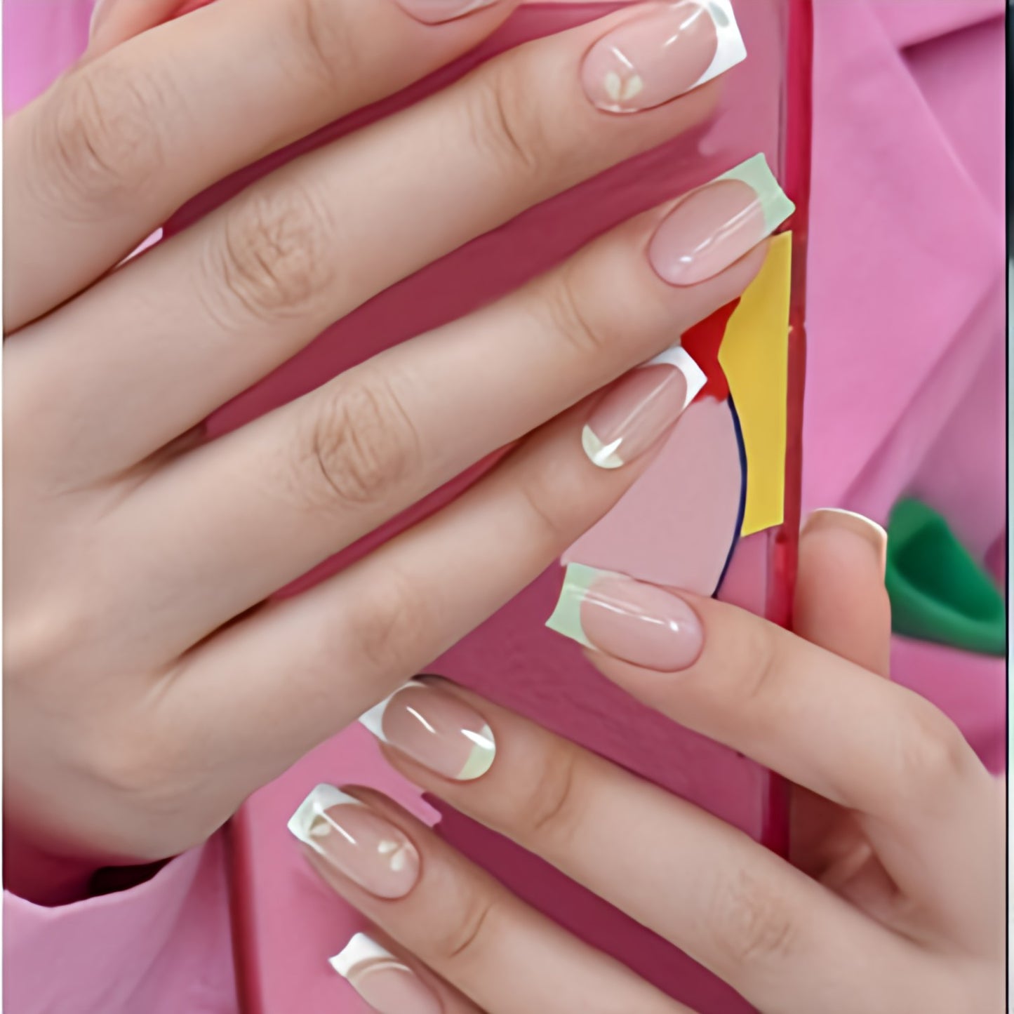 Glossy Nude French Artificial Press on Fake Nails Set in Medium Square- RTS (Pack of 24 nails)