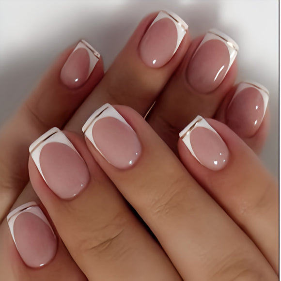 Glossy Nude French Artificial Press on Fake Nails Set in Square- RTS (Pack of 12 nails)