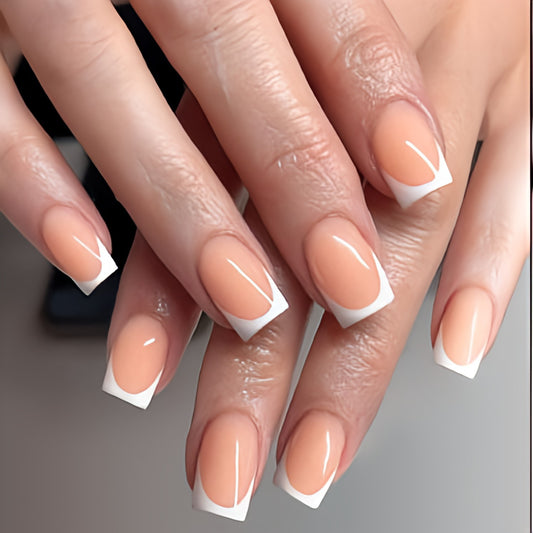 Glossy Nude French Artificial Press on Fake Nails Set in Square- RTS (Pack of 24 nails)