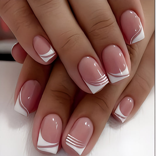 Glossy Nude French Artificial Press on Fake Nails Set in Square- RTS (Pack of 24 nails)