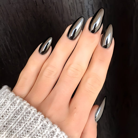 Glossy Black Chrome Artificial Press on Fake Nails Set in Almond- RTS (Pack of 24 nails)