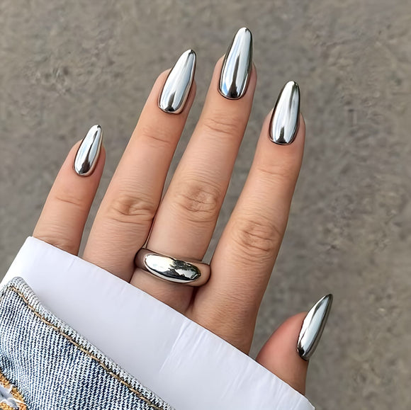Glossy Silver Chrome Artificial Press on Fake Nails Set in Almond- RTS (Pack of 24 nails)