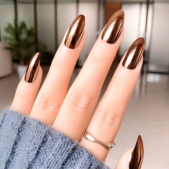 Glossy Brown Chrome Artificial Press on Fake Nails Set in Almond- RTS (Pack of 24 nails)