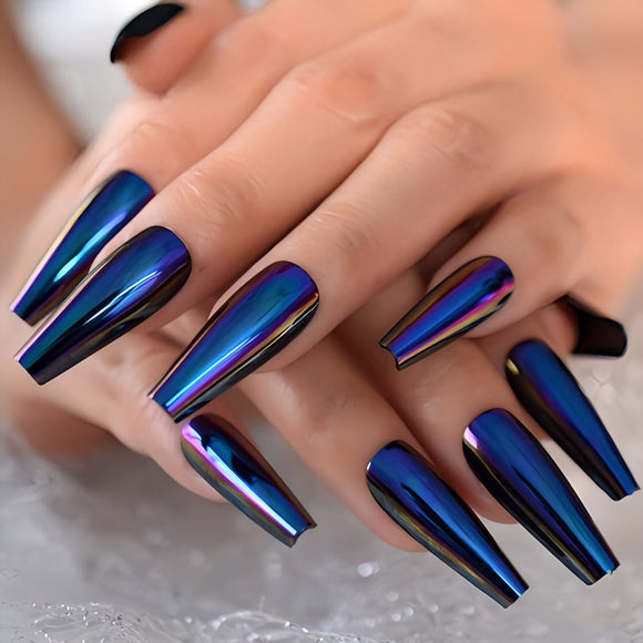 Glossy Blue Green Chrome Artificial Press on Fake Nails Set- RTS (Pack of 20 nails)