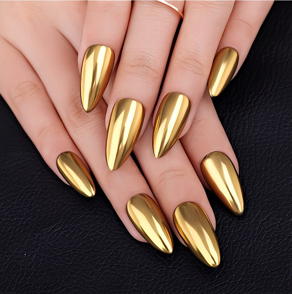 Glossy Gold Chrome Artificial Press on Fake Nails Set in Almond- RTS (Pack of 24 nails)
