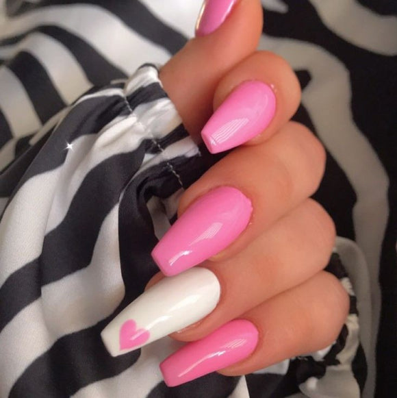 Glossy Light Pink Hearts Press on Fake Artificial Nails / tns754