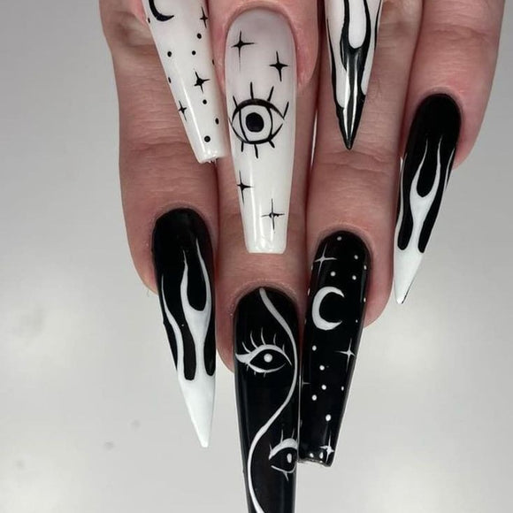 Glossy Black and White Abstract Print Press on Fake Artificial Nails / tns632