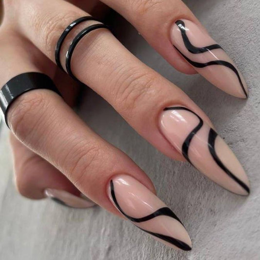 Glossy Nude Black Swirls Press on Fake Artificial Nails / tns647