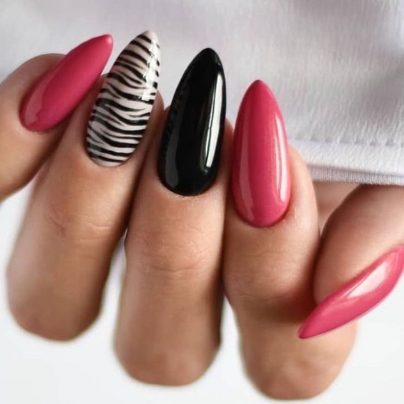 Glossy Black Pink Swirls Press on Fake Artificial Nails / tns512