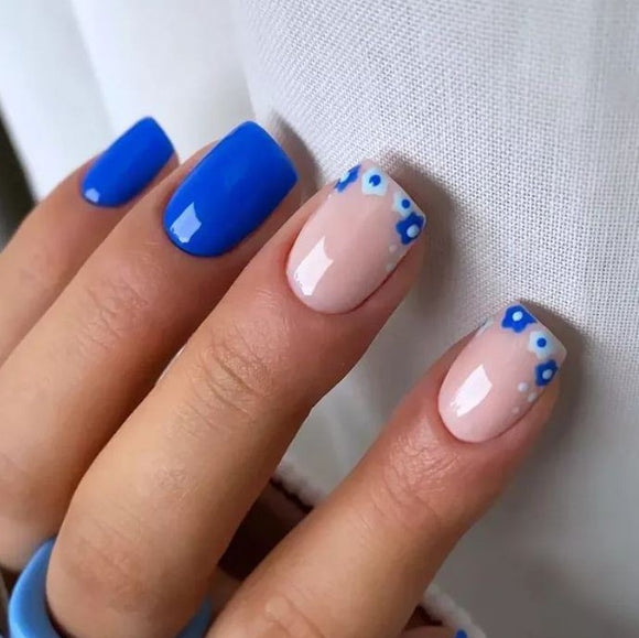 Glossy Blue Floral Press on Fake Artificial Nails / tns752