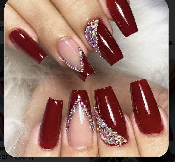 Glossy Maroon Studded Press on Fake Artificial Nails / tns757