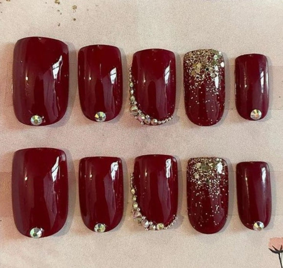 Glossy Maroon Studded Press on Fake Artificial Nails / tns758