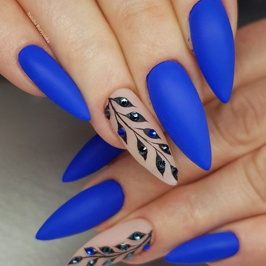 Matte Blue Floral Press on Fake Artificial Nails / tns656