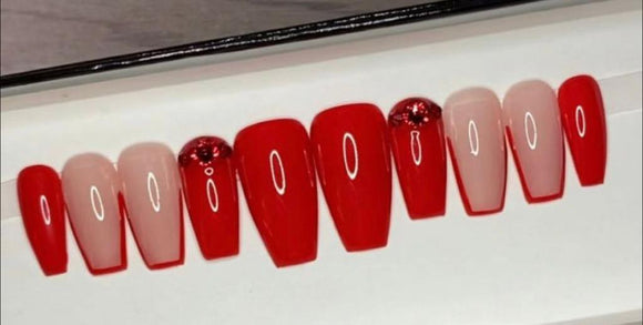 Glossy Red French Studded Press on Fake Artificial Nails / tns765