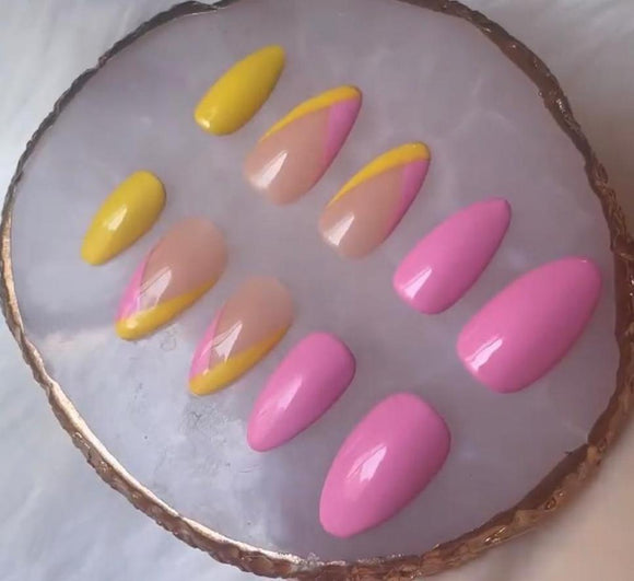 Glossy Pink and yellow French Press on Fake Artificial Nails / tns767