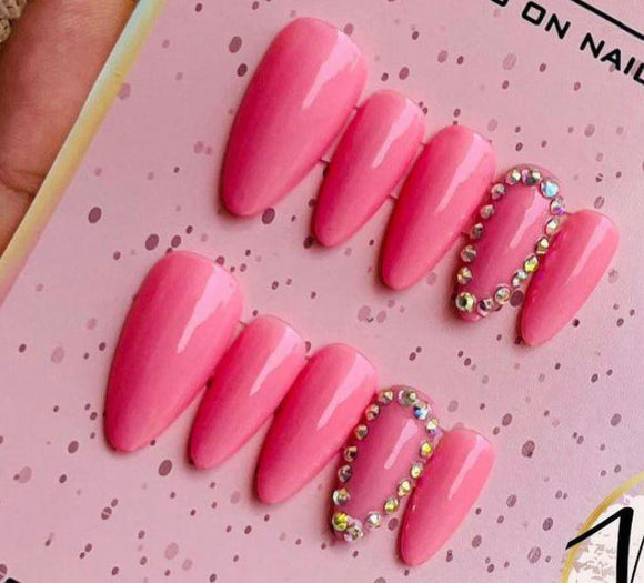 Glossy Light Pink Studded Press on Fake Artificial Nails / tns769