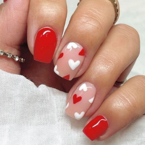 Glossy Nude and Red hearts Press on Fake Artificial Nails / tns770