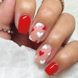 Glossy Nude and Red hearts Press on Fake Artificial Nails / tns770