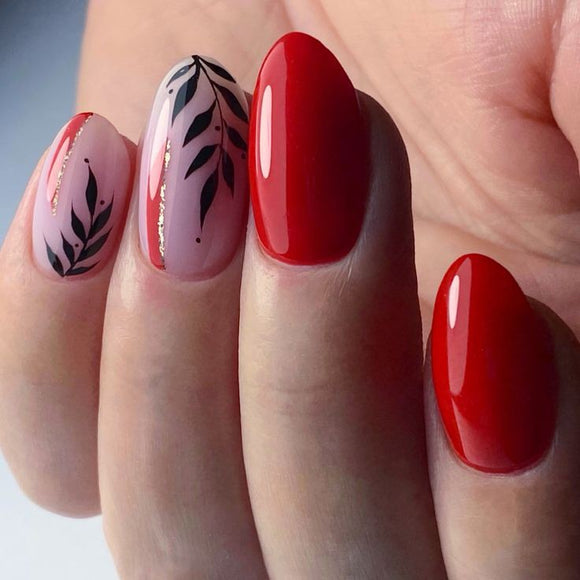 Glossy Red Floral Press on Fake Artificial Nails / tns590