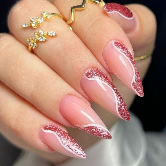 Glossy Pink Glitter Swirls Press on Fake Artificial Nails / tns682