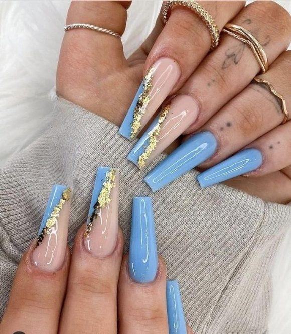 Glossy Light Blue French Press on Fake Artificial Nails / tns679