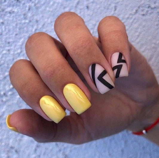 Glossy Yellow Geometric Press on Fake Artificial Nails / tns774