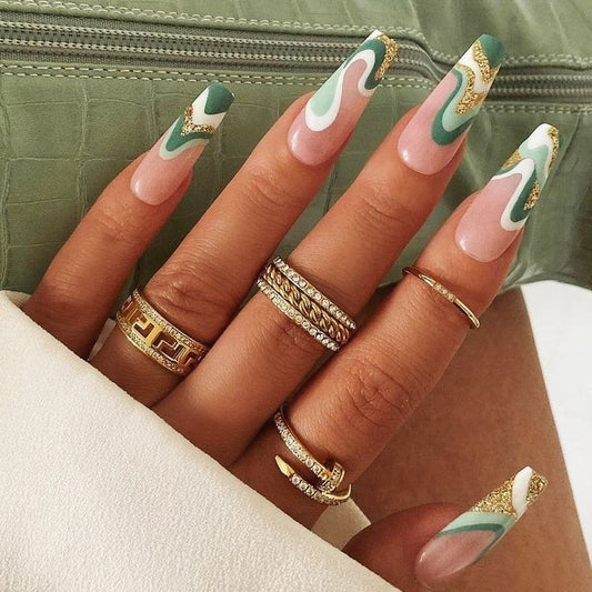 Glossy Green Glitter Swirls Press on Fake Artificial Nails / tns645