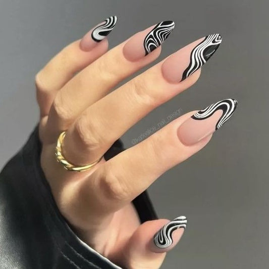 Glossy Nude Swirls Press on Fake Artificial Nails / tns625