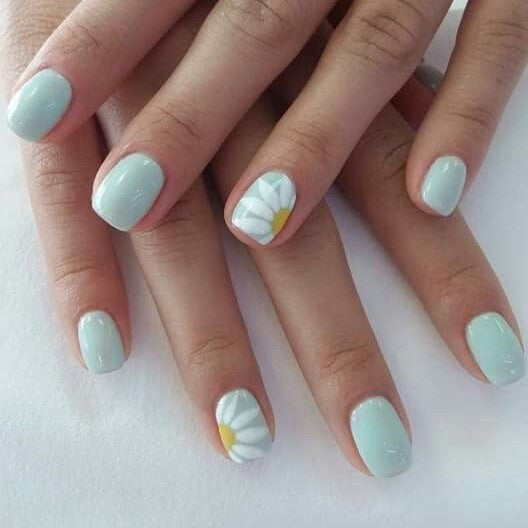 Glossy Light Blue Floral Press on Fake Artificial Nails / tns550