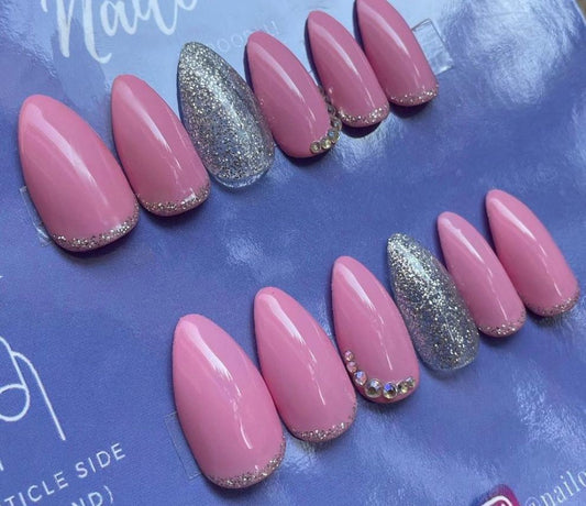 Glossy Light Pink Glitter Studded Press on Fake Artificial Nails / tns776