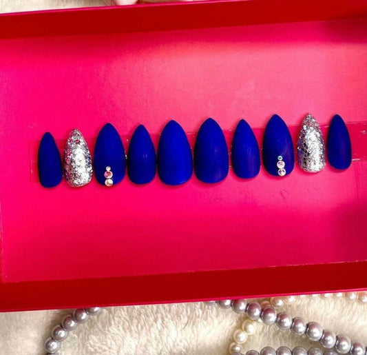 Matte Blue Glitter Studded Press on Fake Artificial Nails / tns780