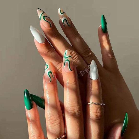 Glossy Green Swirls Press on Fake Artificial Nails / tns607