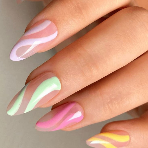 Glossy Colorful Swirls Press on Fake Artificial Nails / tns781