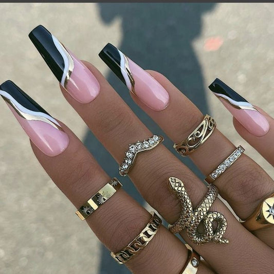 Glossy Black Chrome Swirls Press on Fake Artificial Nails / tns648