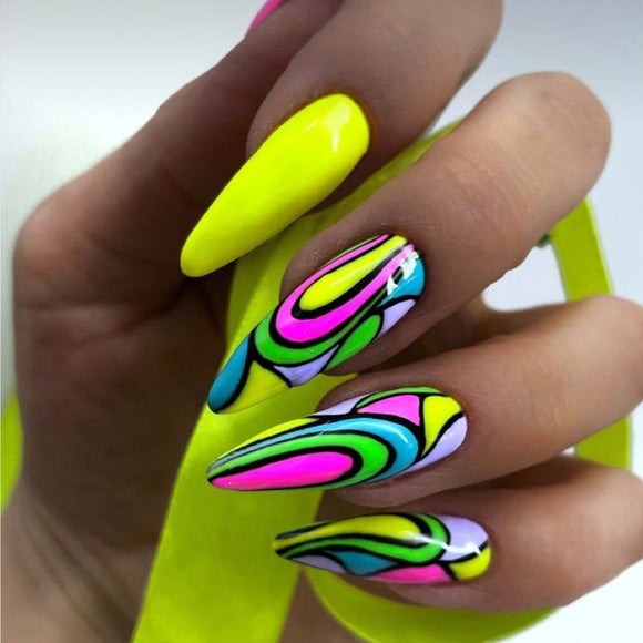 Glossy Neon Swirls Press on Fake Artificial Nails / tns604