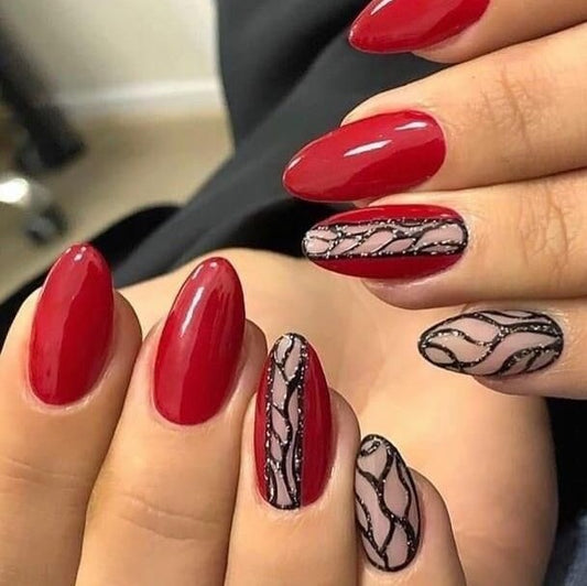 Glossy Red Black Swirls Press on Fake Artificial Nails / tns515