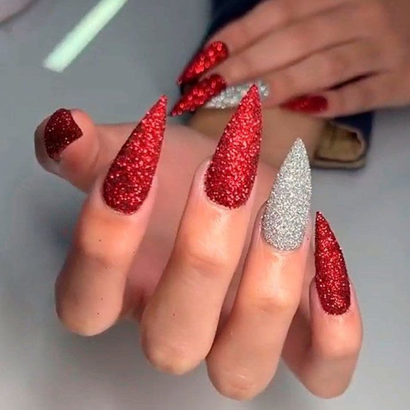 Glossy Red and Silver Glitter Press on Fake Artificial Nails / tns650