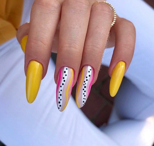 Glossy Yellow Abstract Press on Fake Artificial Nails / tns676