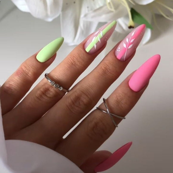 Matte Pink and Green Floral Press on Fake Artificial Nails / tns675