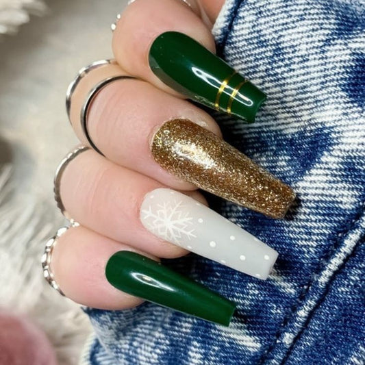 Glossy Green Snowflakes Press on Fake Artificial Nails / tns663