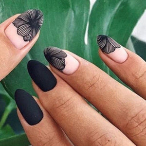 Matte Black Floral Press on Fake Artificial Nails / tns572