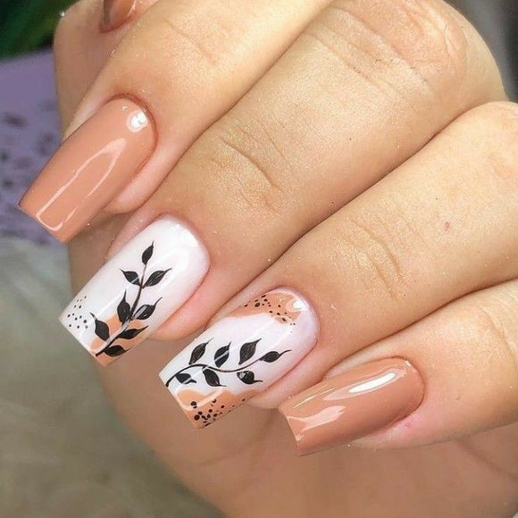 Glossy Nude Floral Press on Fake Artificial Nails / tns667