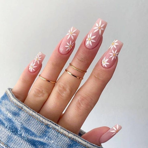 Glossy Nude Floral Press on Fake Artificial Nails / tns661