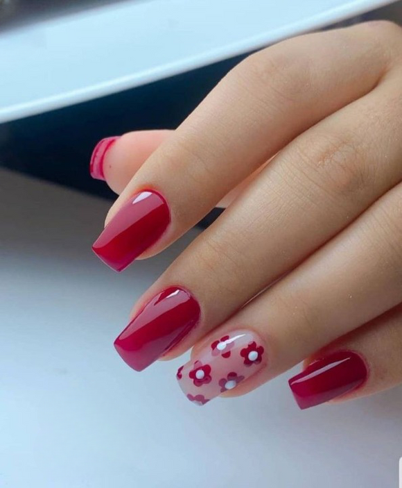 Glossy Pink Floral Press on Fake Artificial Nails / tns672