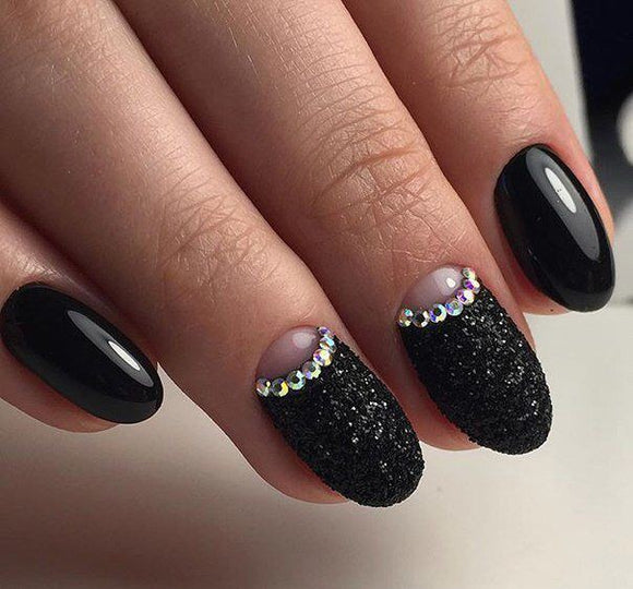 Glossy Black Glitter Studded Press on Fake Artificial Nails / tns546
