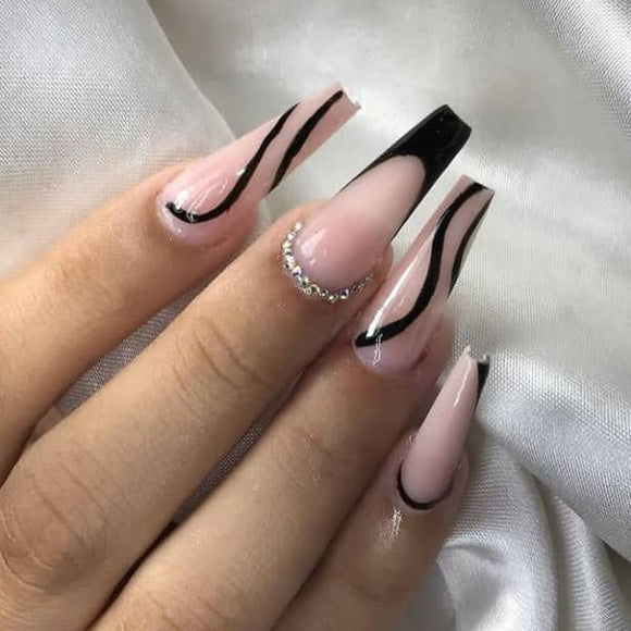 Glossy Black French Press on Fake Artificial Nails / tns658