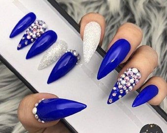 Glossy Blue Studded Press on Fake Artificial Nails / tns653