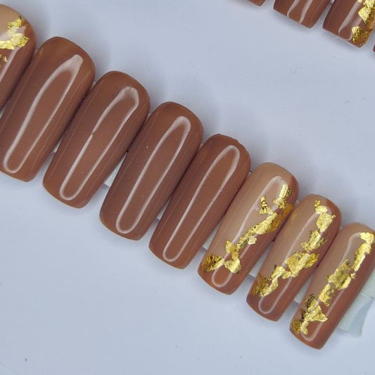 Glossy Brown French Press on Fake Artificial Nails / tns788